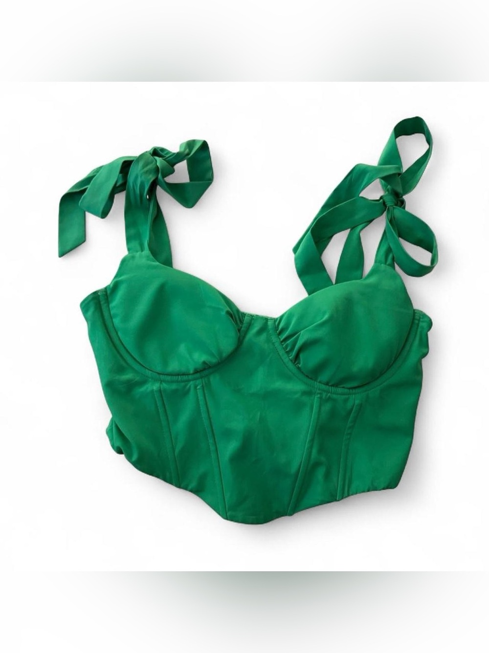 Green corset top with tie shoulders. Unknown brand. Size S.